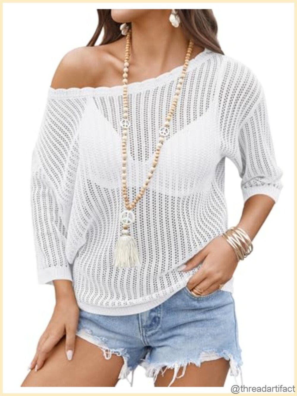 Crochet Knit Top 3/4 Sleeve Hollow Out Summer Sweater